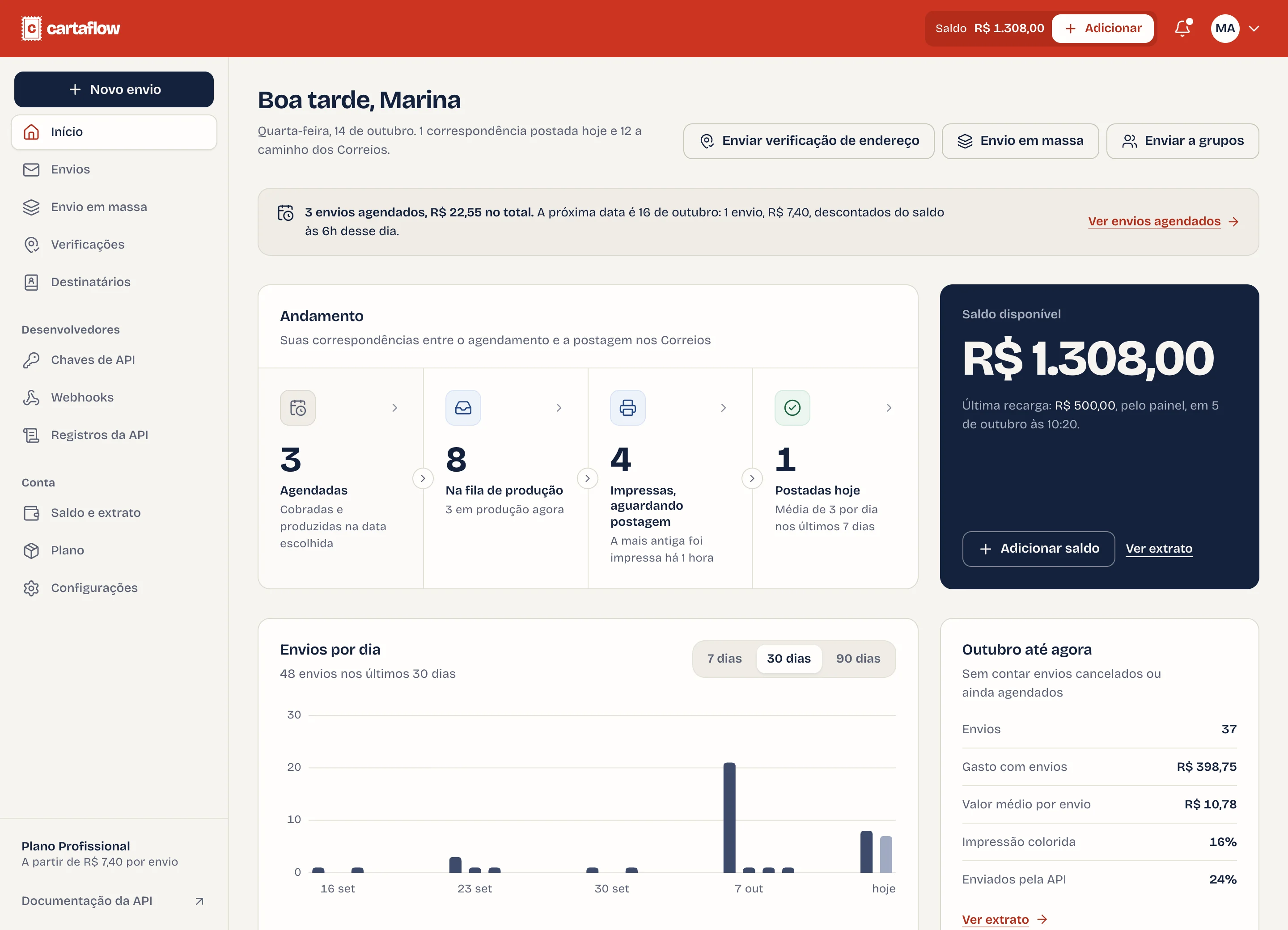 CartaFlow dashboard home with mailings in progress, available balance and mailings per day