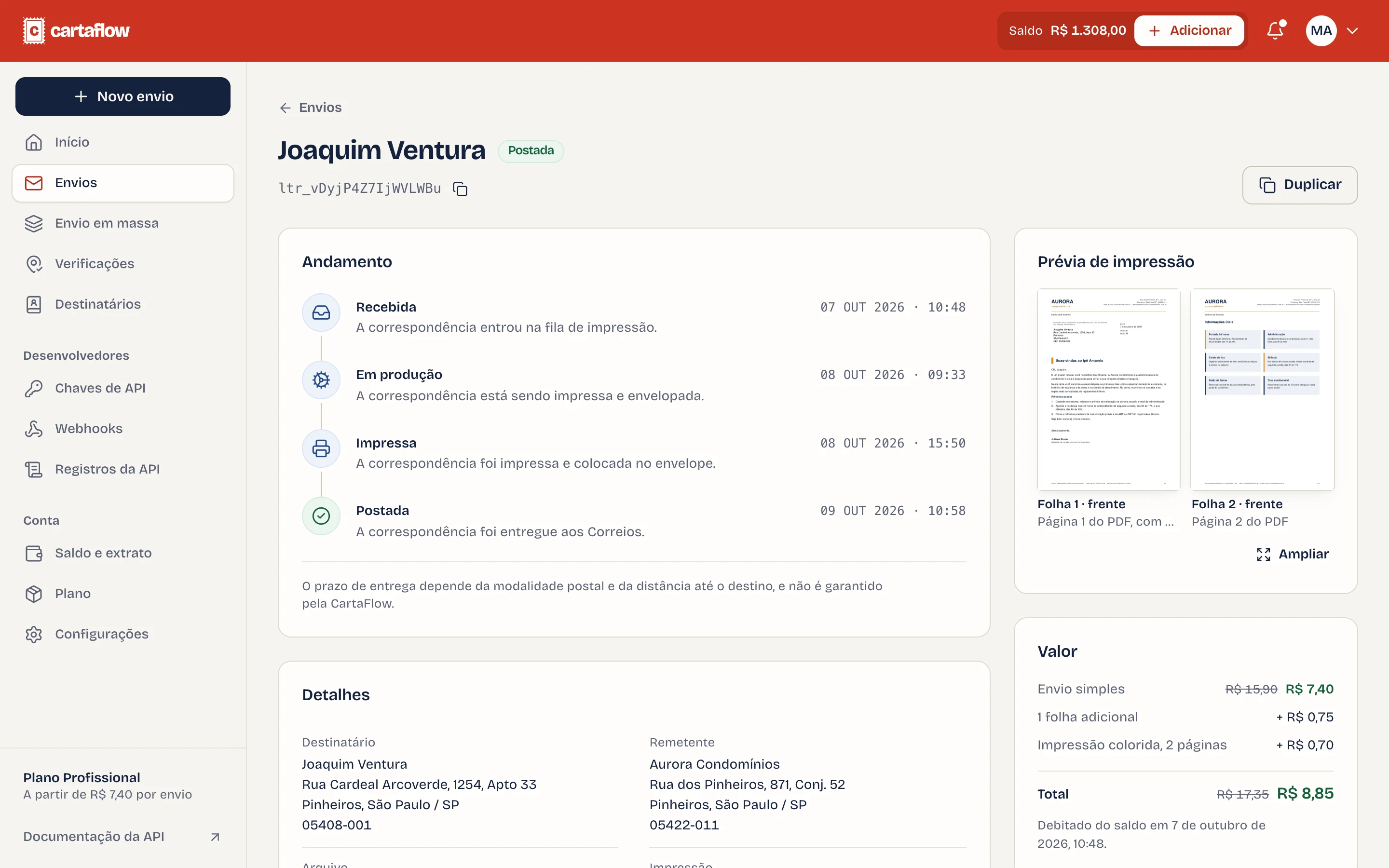 A posted mailing with its timeline, print preview and price