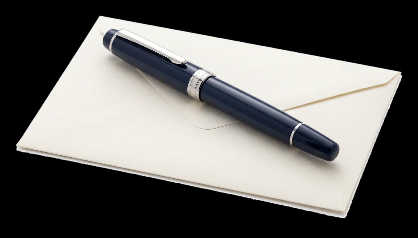 Navy fountain pen on a cream envelope