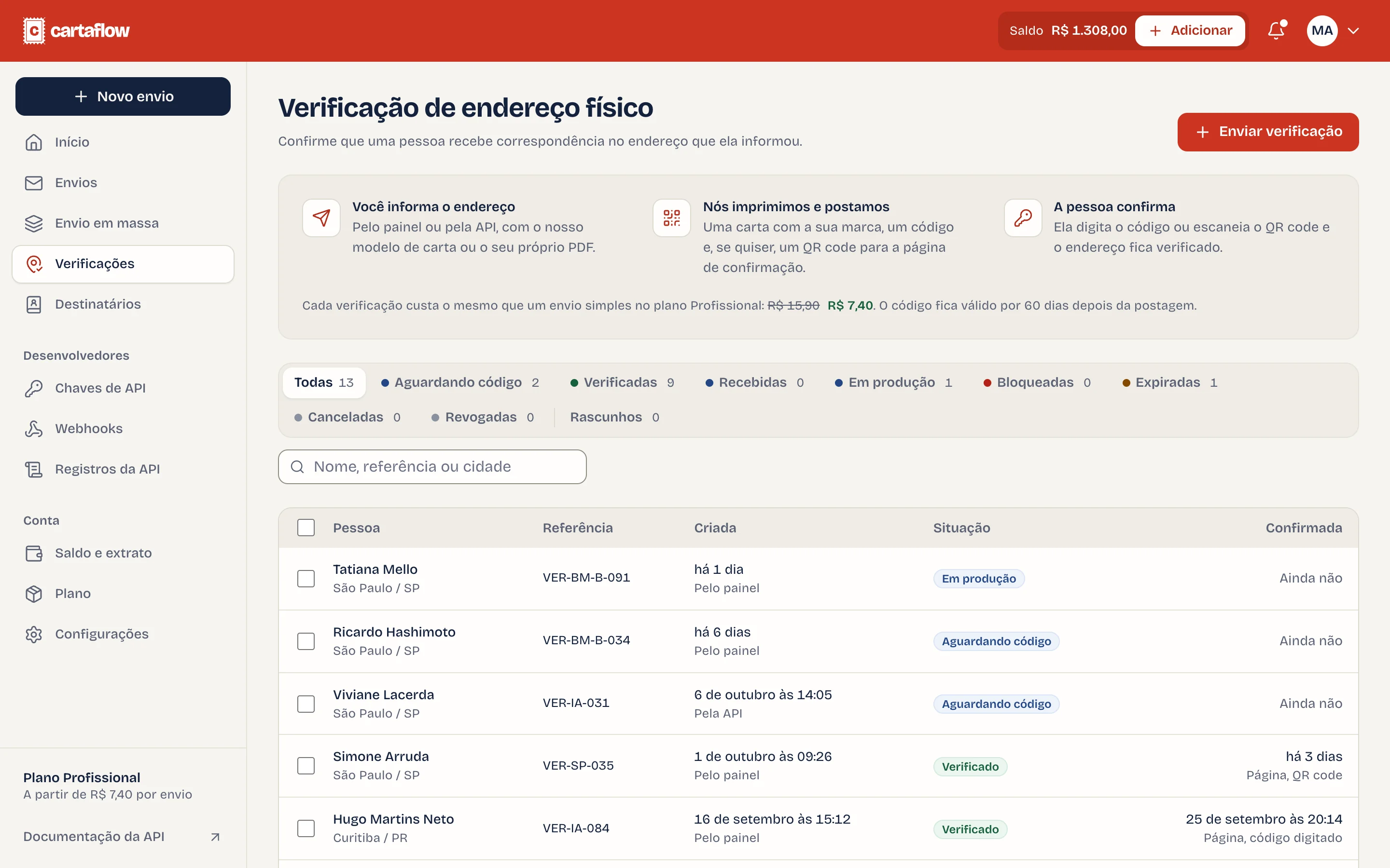 List of address verifications in the dashboard, with the status of each one