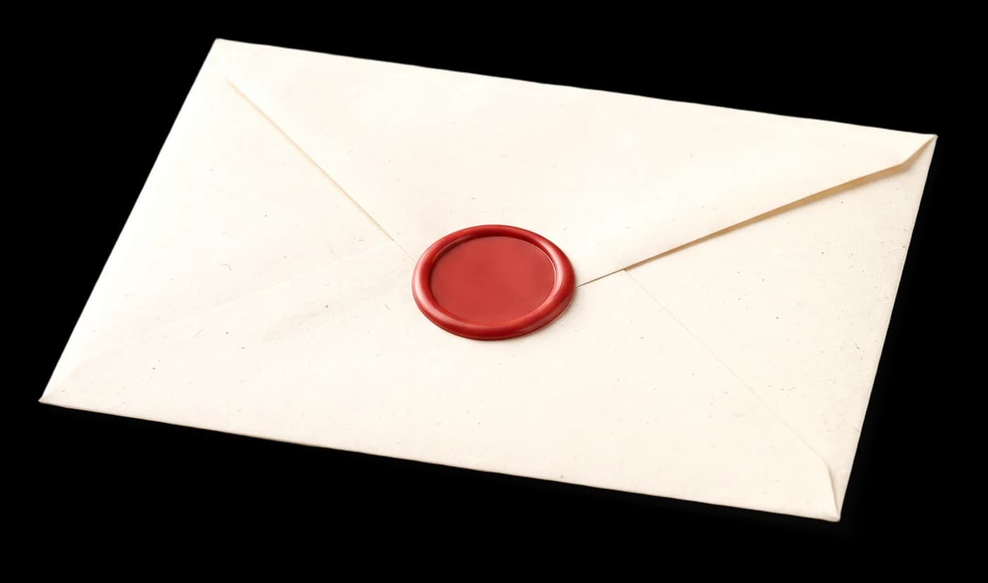 Envelope creme fechado com selo de cera vermelho